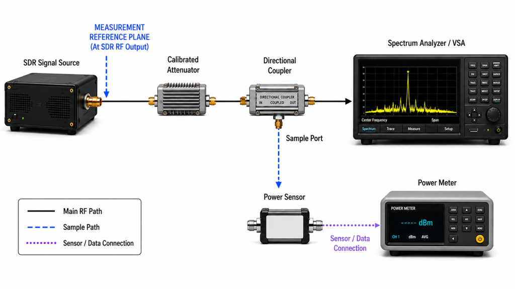 Safe pre-PA SDR test boundary showing the SDR output reference plane, calibrated attenuation, directional coupler, spectrum analyzer, power sensor, and power meter.