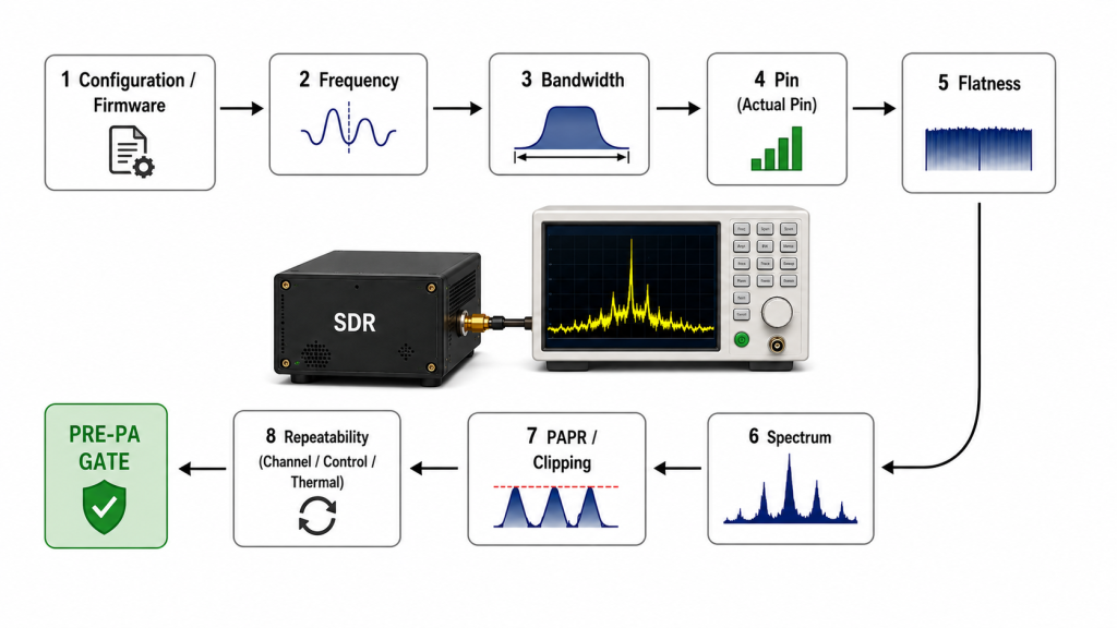 Eight SDR validation checks before PA integration covering configuration and firmware, frequency, bandwidth, Actual Pin, flatness, spectrum, PAPR and clipping, and repeatability.