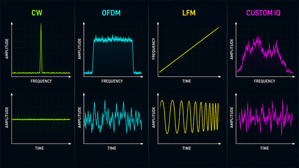 Comparison of CW, OFDM, LFM, and custom IQ waveforms showing their frequency-domain and time-domain behavior for SDR testing.
