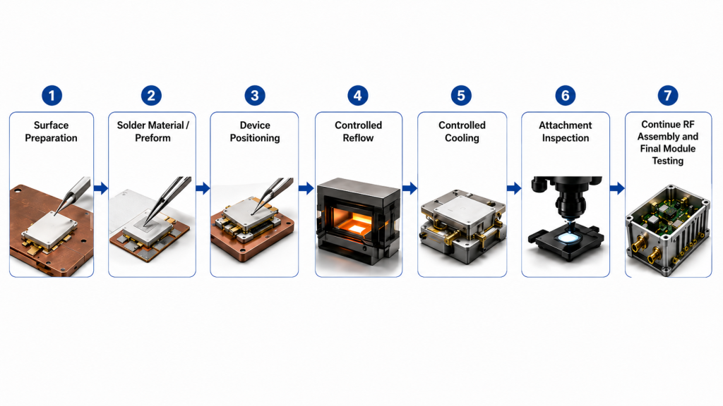 Seven-step RF power transistor solder-attach process from surface preparation and reflow through inspection and final RF PA module testing.