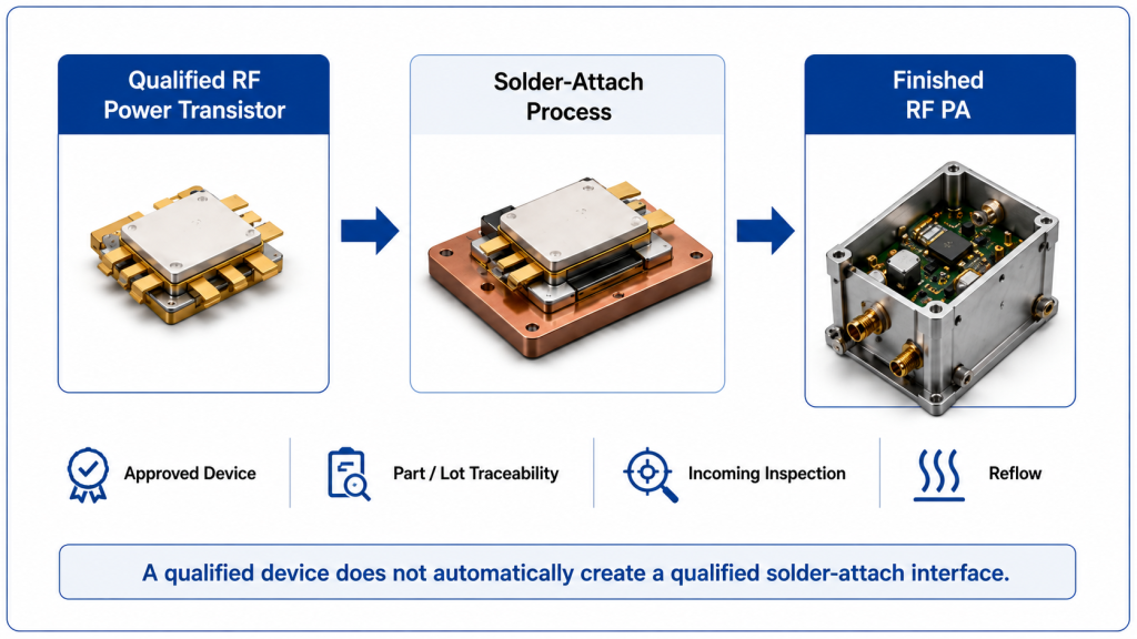 Qualified RF power transistor evidence separated from solder-attach process evidence before completion of the RF PA.
