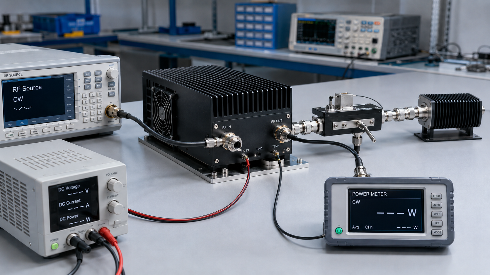 RF power amplifier output test setup with signal source, coupler, load, and power meter