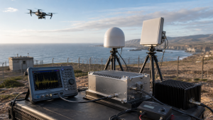 Full-power RF amplifier test setup with spectrum analyzer, antenna system, and RF load