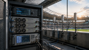 SDR signal source driving an RF power amplifier within the valid drive window between underdrive and the PA input boundary