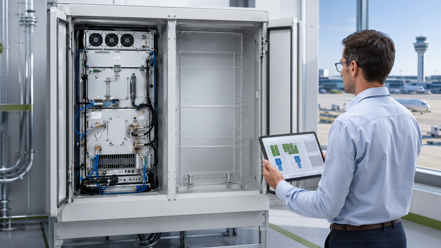 Technician reviewing a modular RF power amplifier cabinet for future frequency expansion