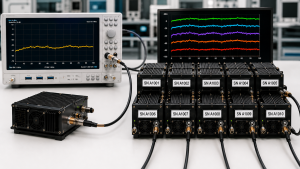 RF PA engineering sample beside a delivered batch with multiple gain traces illustrating batch gain consistency.