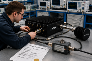 Technician verifying RF PA power measurement equipment with a power sensor, 50 ohm load, and calibration certificate during acceptance testing.