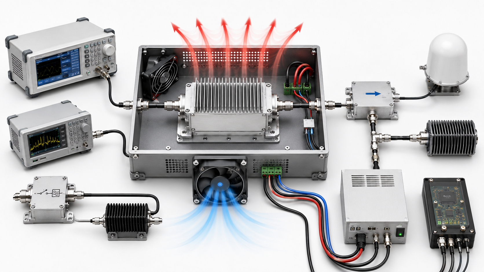 RF PA Selection in a complete application system with RF source, amplifier, output path, cooling, DC power, monitoring, and load interfaces.
