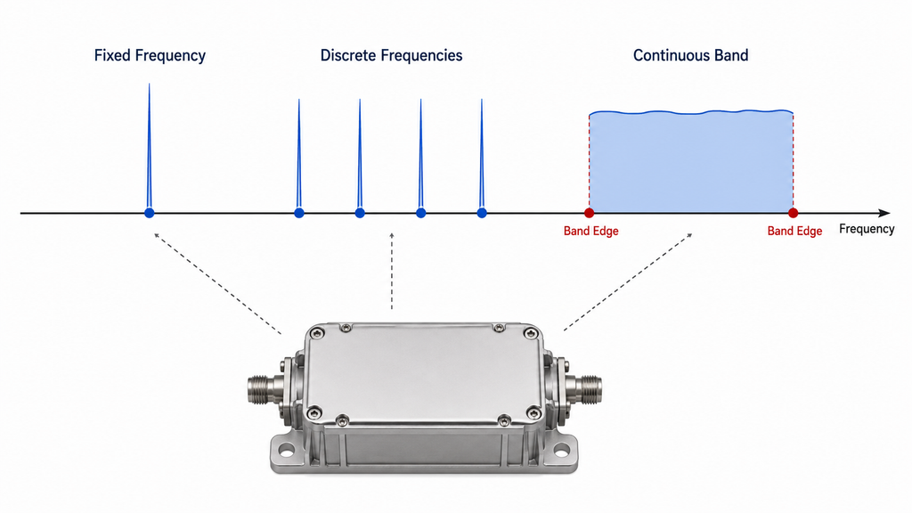 RF PA Selection comparison of fixed frequency, discrete operating frequencies, and continuous band coverage with defined band edges.