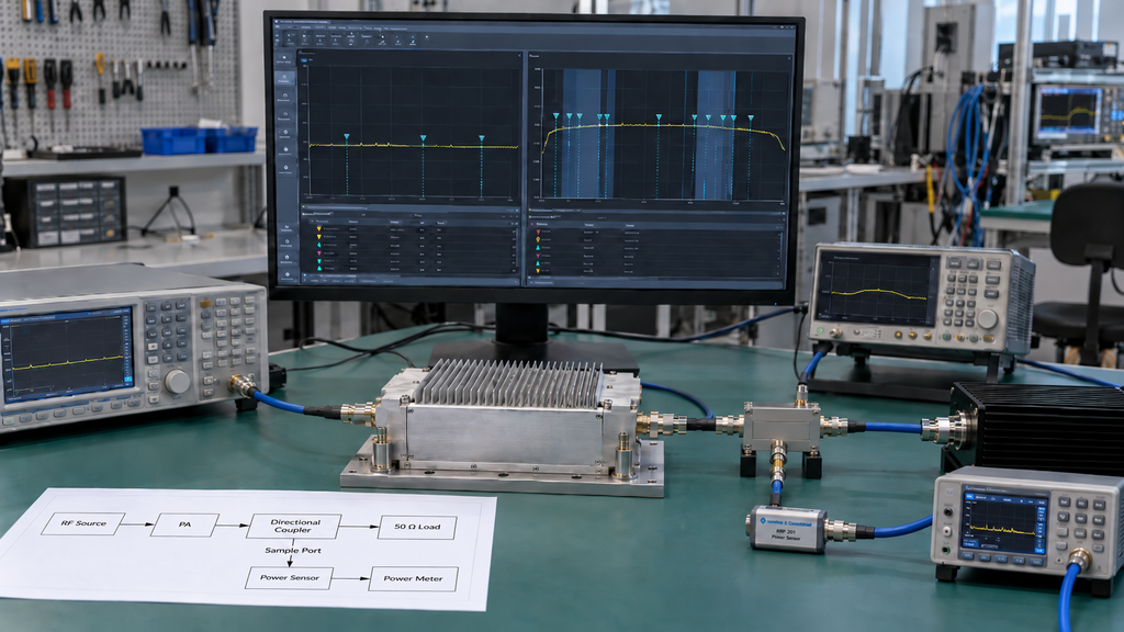 RF PA test frequency planning comparing fixed-channel and frequency-agile C-UAS acceptance strategies on a laboratory test bench