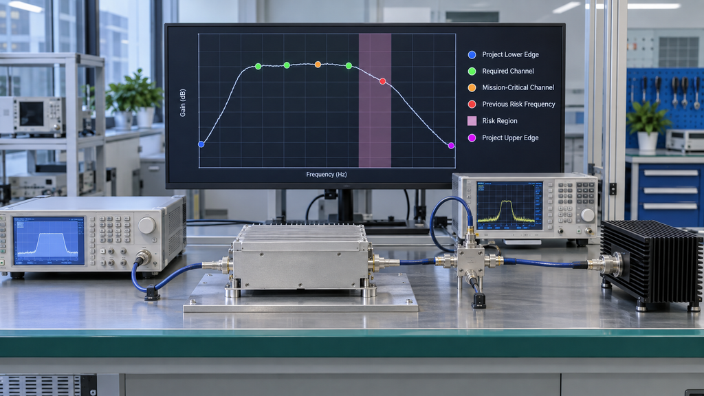 RF PA acceptance test frequencies showing project edges, required channels, mission-critical frequency and a previous risk region
