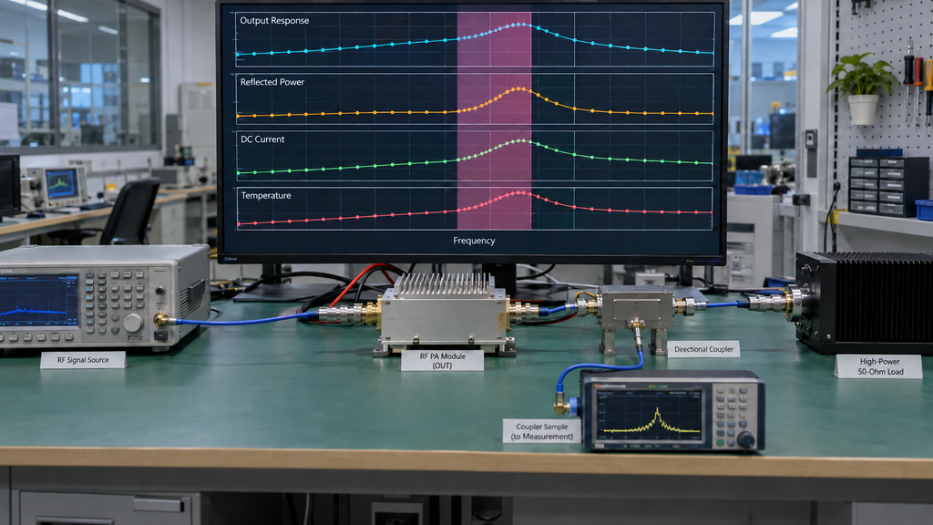 RF PA frequency test showing output response, reflected power, DC current and temperature changes around a risk region