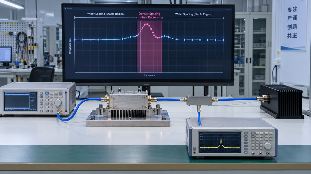 RF PA test-point spacing with wider sampling in stable regions and denser frequency testing around a risk region