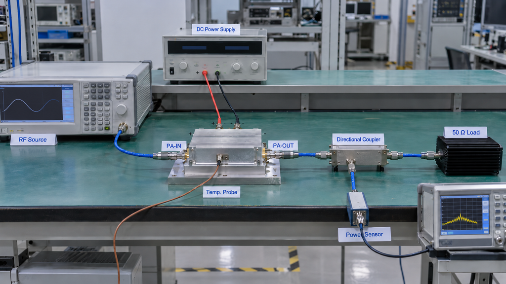 RF PA test setup showing RF source, PA input and output reference points, directional coupler, power sensor, DC supply, temperature probe and 50-ohm load