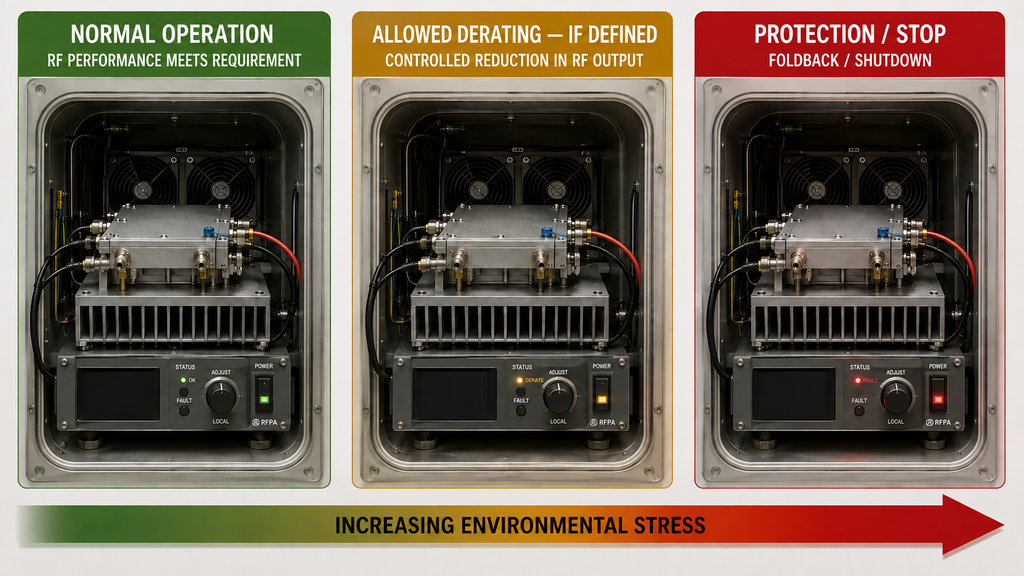 RF PA thermal management operating envelope showing normal operation, allowed derating, and protection or shutdown.