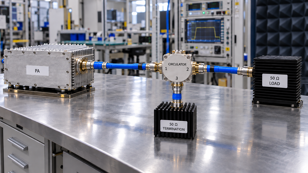 RF power amplifier and three-port circulator routing reverse RF energy to a dedicated 50 ohm termination