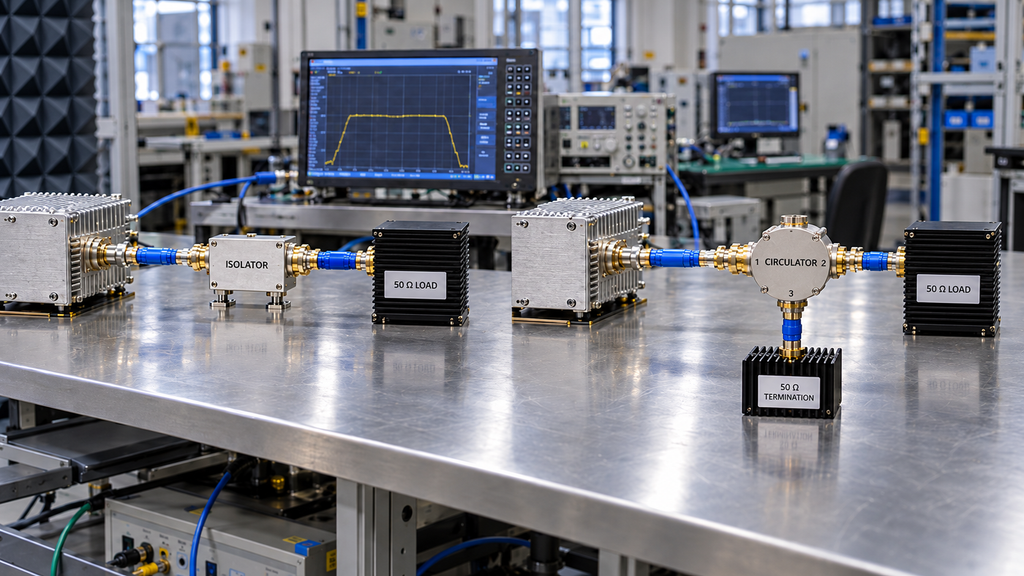 Comparison of a two-port RF isolator and a three-port circulator with external termination in RF PA chains
