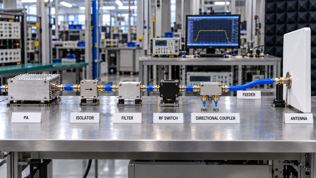 RF PA chain showing isolator placement before filter, RF switch, directional coupler, feeder, and antenna
