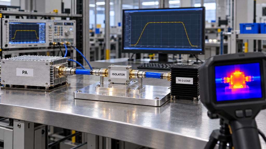 RF PA isolator test setup evaluating bandwidth, insertion loss, power handling, and thermal behavior with a 50 ohm load