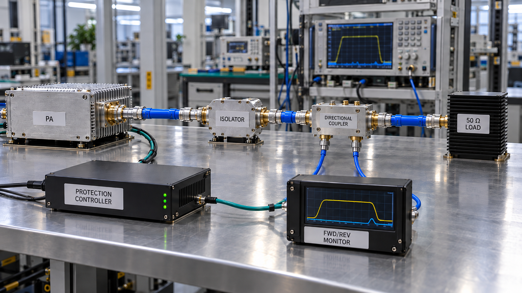 RF PA chain combining a two-port isolator, directional coupler, FWD and REV monitoring, and protection controller
