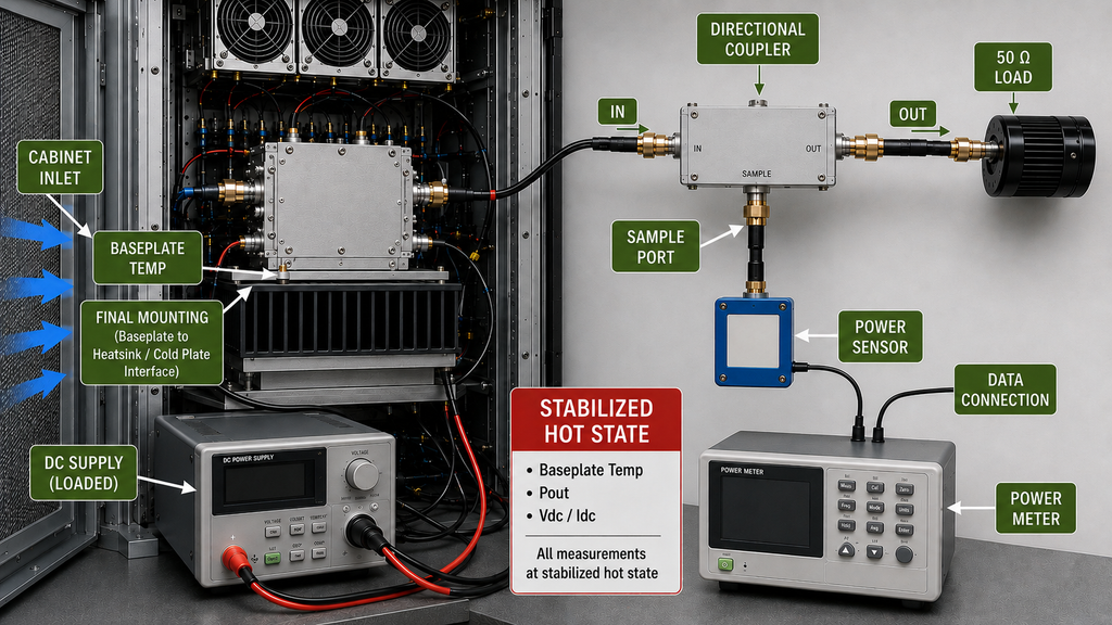 RF PA thermal management validation at stabilized hot state with final mounting, baseplate temperature, loaded DC supply, directional coupler, power sensor, power meter, and 50 ohm load.