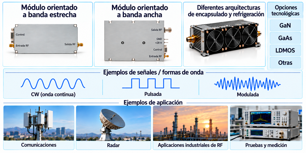 Módulos PA de RF con diferentes bandas de frecuencia, niveles de potencia, tecnologías, sistemas de refrigeración y aplicaciones.