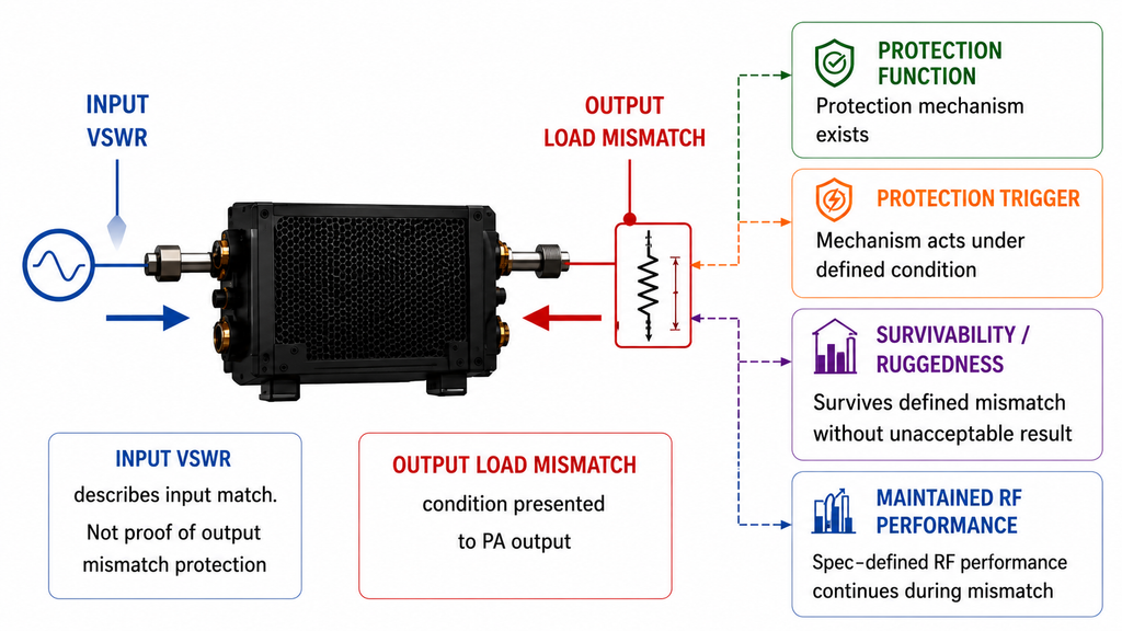 RF amplifier VSWR protection diagram distinguishing input VSWR, output load mismatch, protection trigger, survivability, and maintained RF performance