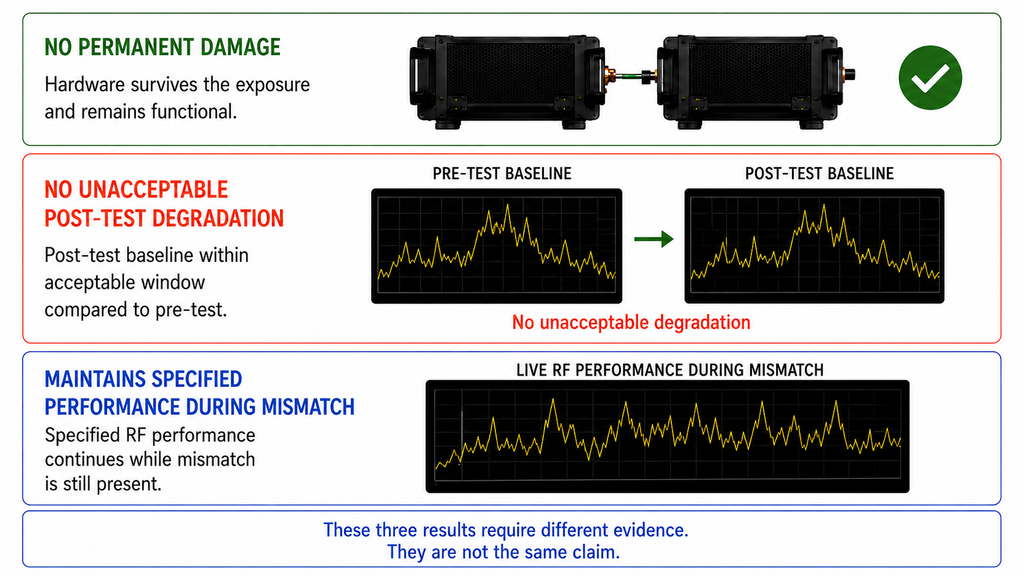 RF power amplifier VSWR ruggedness comparison showing no permanent damage, no unacceptable post-test degradation, and maintained performance during mismatch as separate claims