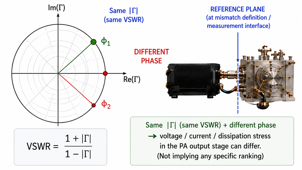 Same VSWR magnitude with different reflection phases at a defined reference plane can create different voltage, current, and dissipation stress in an RF PA