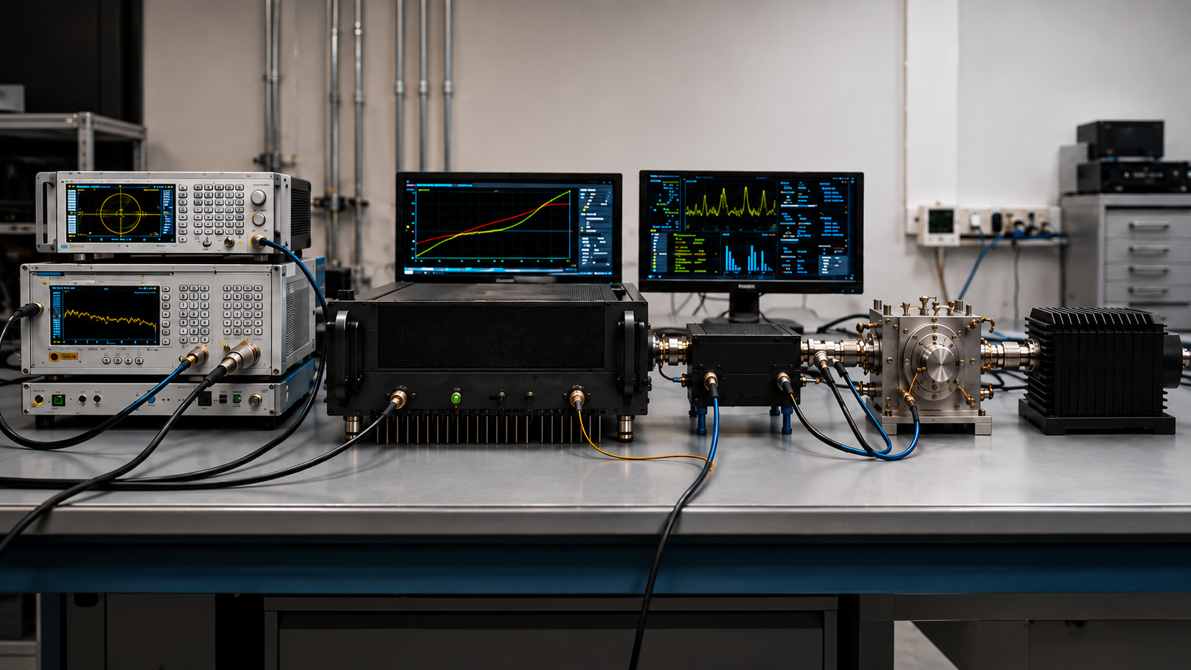 RF power amplifier VSWR protection and load-mismatch test setup with PA, directional coupler, mismatch fixture, termination, and RF laboratory instruments