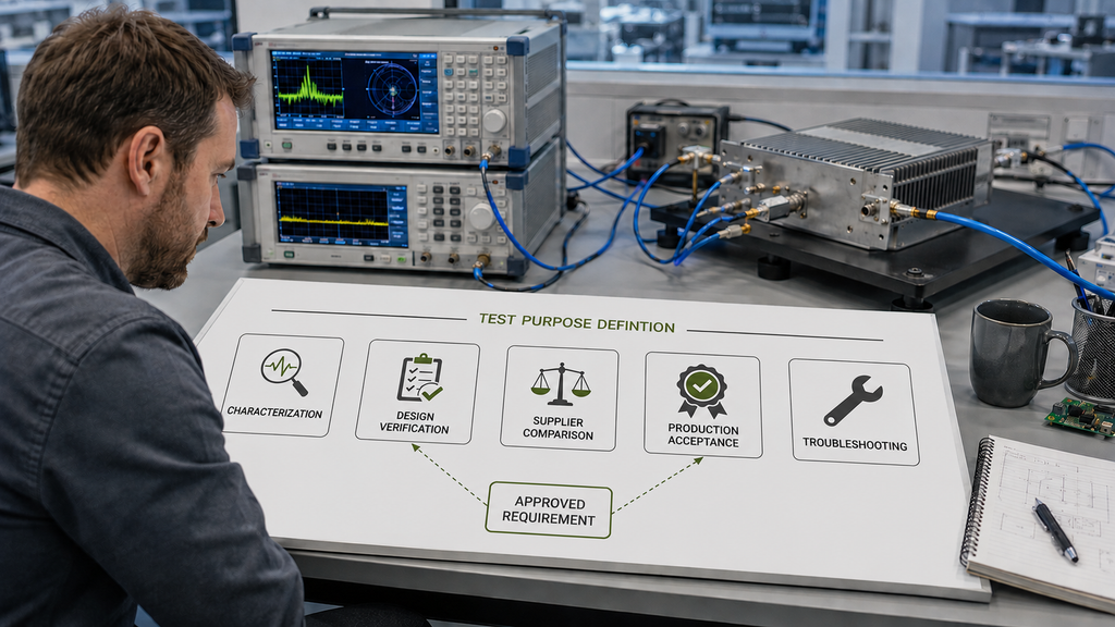 RF power amplifier test purpose definition showing characterization, design verification, supplier comparison, production acceptance, and troubleshooting.