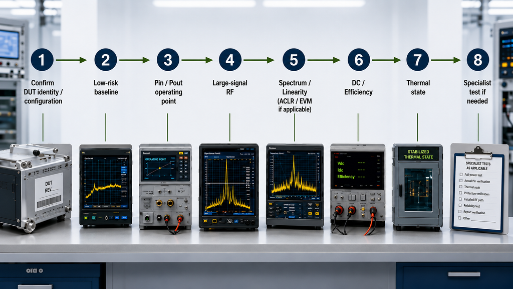 RF power amplifier test measurement sequence from DUT verification and baseline checks through RF, efficiency, thermal, and specialist testing.