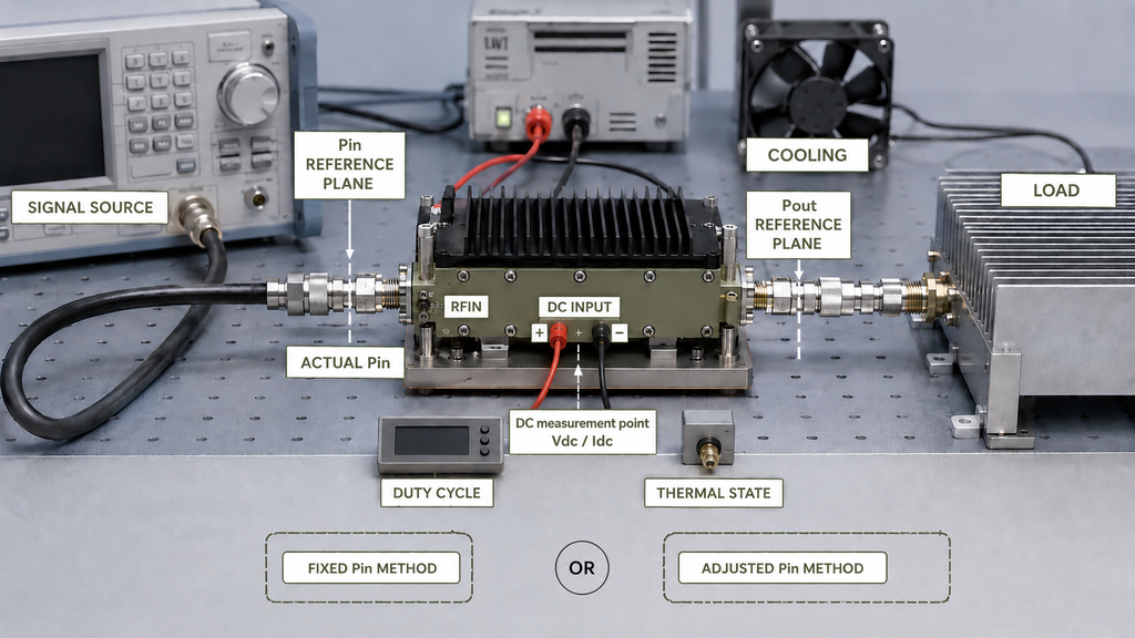 RF power amplifier test setup showing actual Pin, Pin and Pout reference planes, DC measurement point, cooling, load, duty cycle, and thermal state.