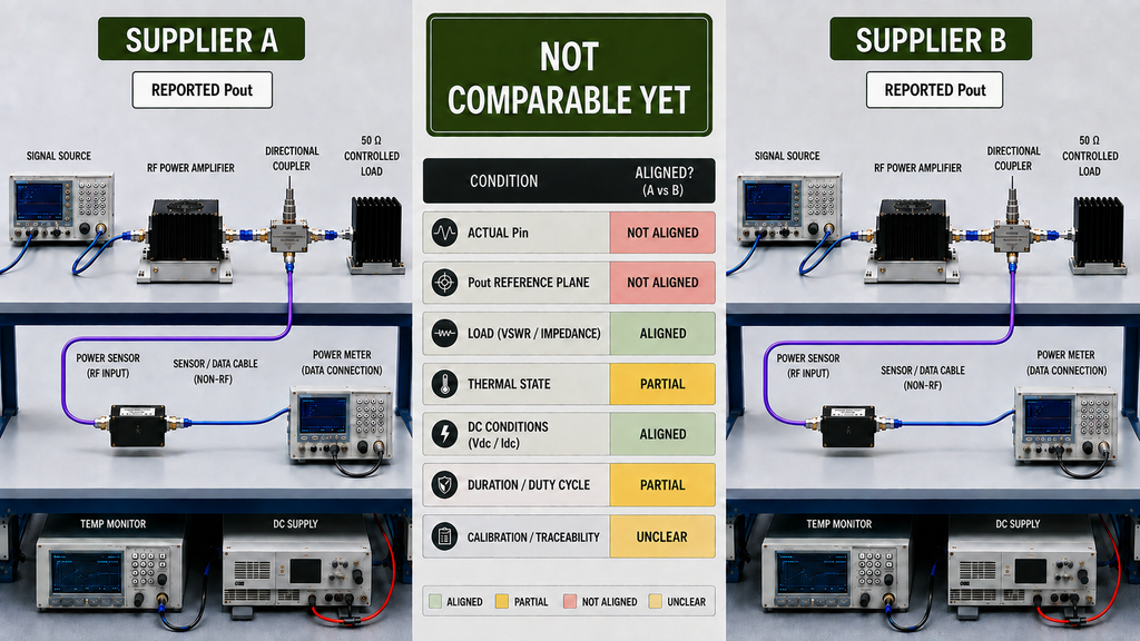 RF power amplifier supplier comparison showing how actual Pin, Pout reference plane, load, thermal state, DC conditions, duty cycle, and calibration affect result comparability.