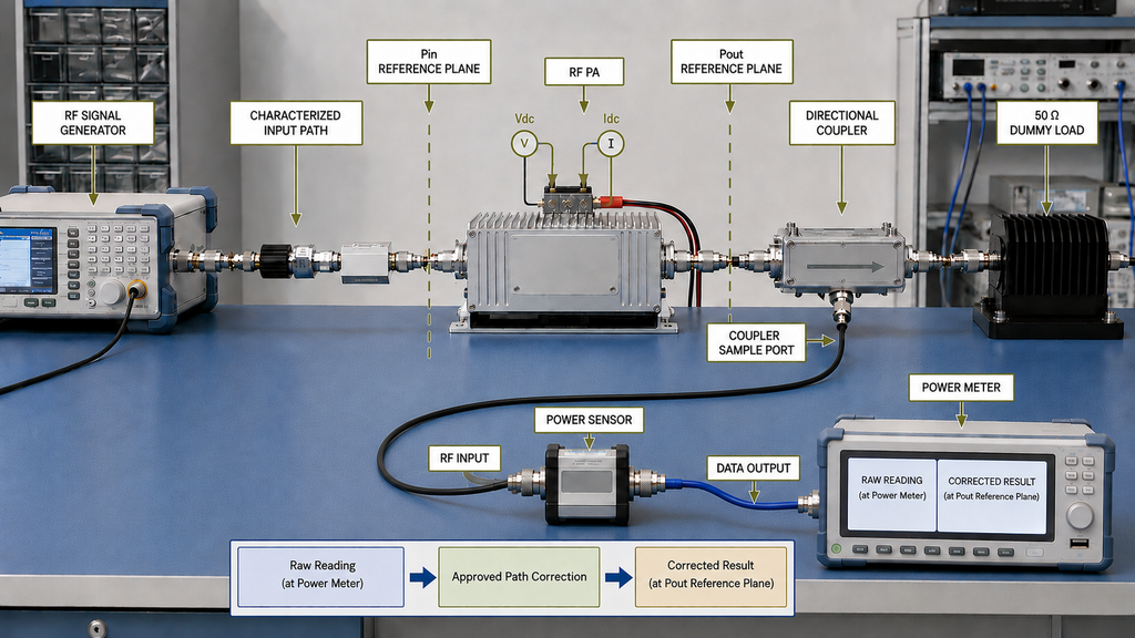 RF power amplifier test setup showing the signal source, characterized input path, Pin and Pout reference planes, directional coupler, power sensor, power meter, and path correction.