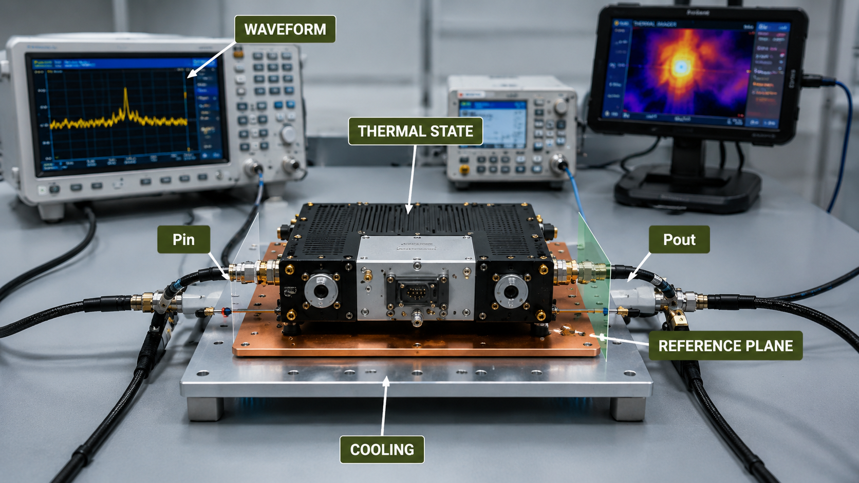 RF PA application boundary showing Pin, Pout reference plane, waveform, thermal state, and cooling conditions