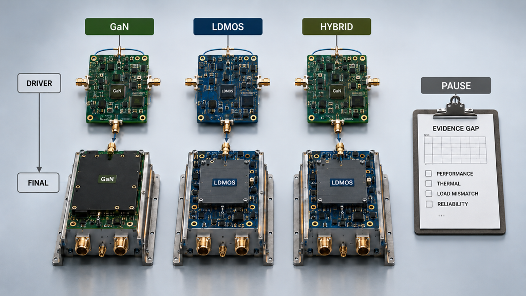 GaN, LDMOS, and hybrid RF amplifier architectures showing driver and final stage technology choices plus evidence-gap pause