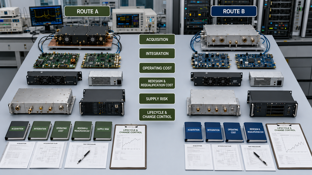 Two RF amplifier routes compared across acquisition, integration, operating, redesign and requalification costs, supply risk, and lifecycle control