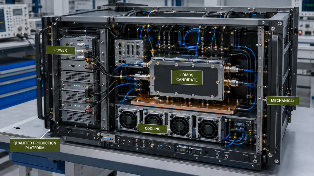 LDMOS RF amplifier candidate within a qualified production platform with reusable power, cooling, and mechanical infrastructure