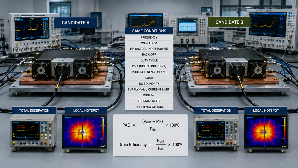 Condition-matched RF PA efficiency and thermal comparison showing PAE, drain efficiency, total dissipation, and local hotspots