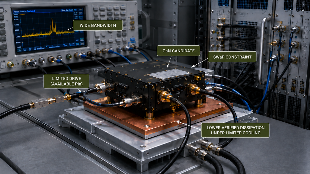 GaN RF amplifier candidate evaluated for wide bandwidth, limited drive, SWaP constraints, and verified dissipation