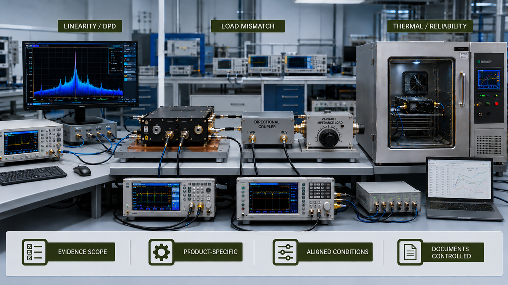 RF PA evidence testing for linearity and DPD, controlled load mismatch, and thermal reliability under aligned conditions