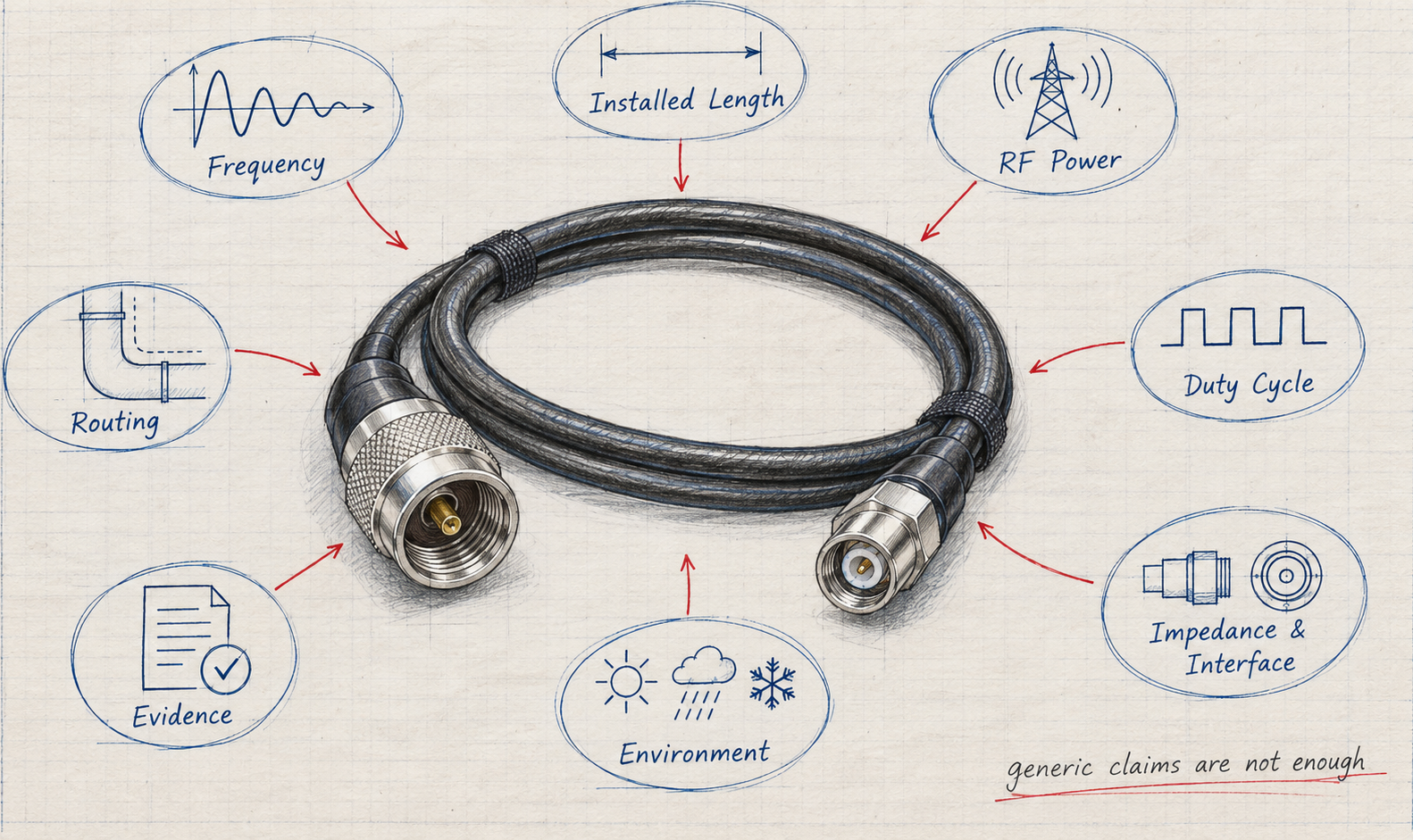 RF feeder cable qualification factors including frequency, installed length, RF power, duty cycle, interface, routing, environment, and evidence.