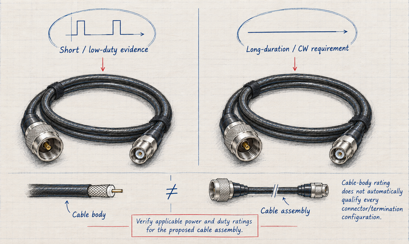 RF feeder cable assembly comparison showing why power and duty-cycle ratings must match short, low-duty, long-duration, or CW operation.