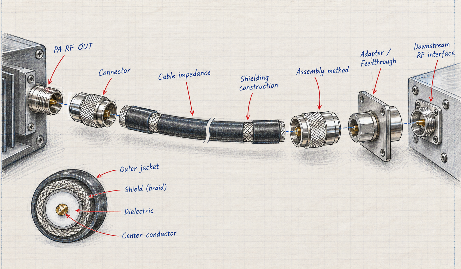 RF feeder cable interface showing connector type, cable impedance, shielding construction, assembly method, feedthrough, and downstream RF connection.