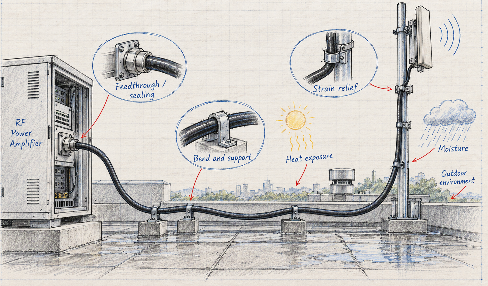 Rooftop RF feeder cable installation showing bend support, strain relief, feedthrough sealing, heat, moisture, and outdoor exposure.