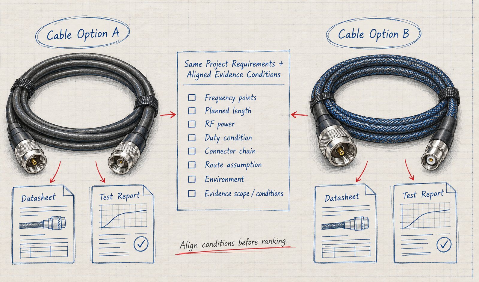 Two RF feeder cable options compared using the same project requirements and aligned evidence conditions before RFQ.