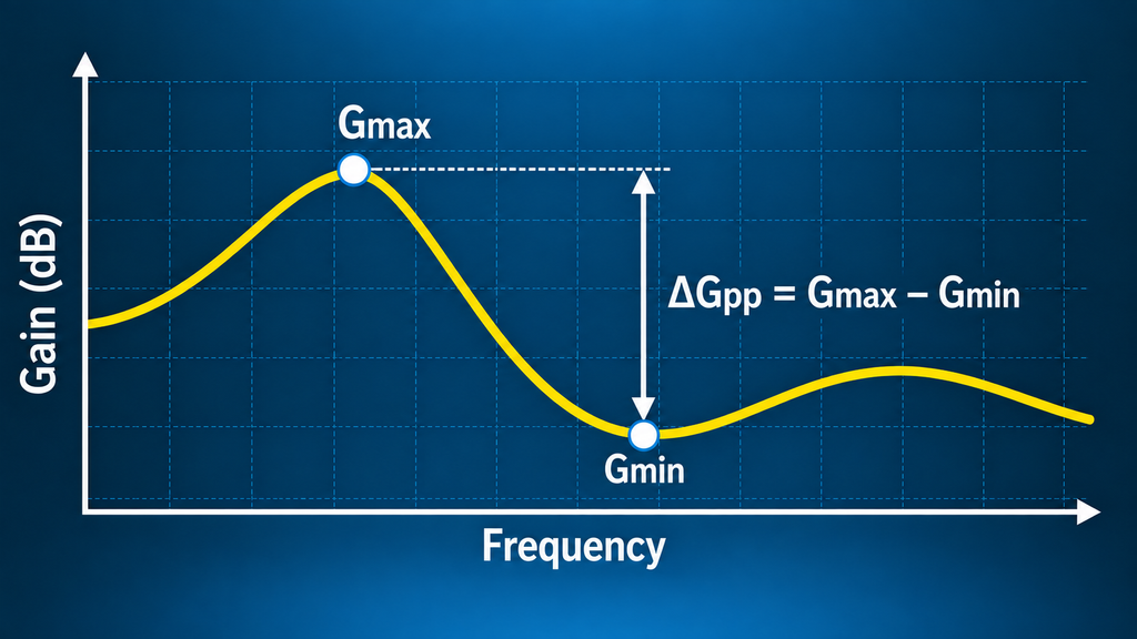 RF power amplifier gain flatness curve showing Gmax, Gmin, and peak-to-peak gain variation across frequency
