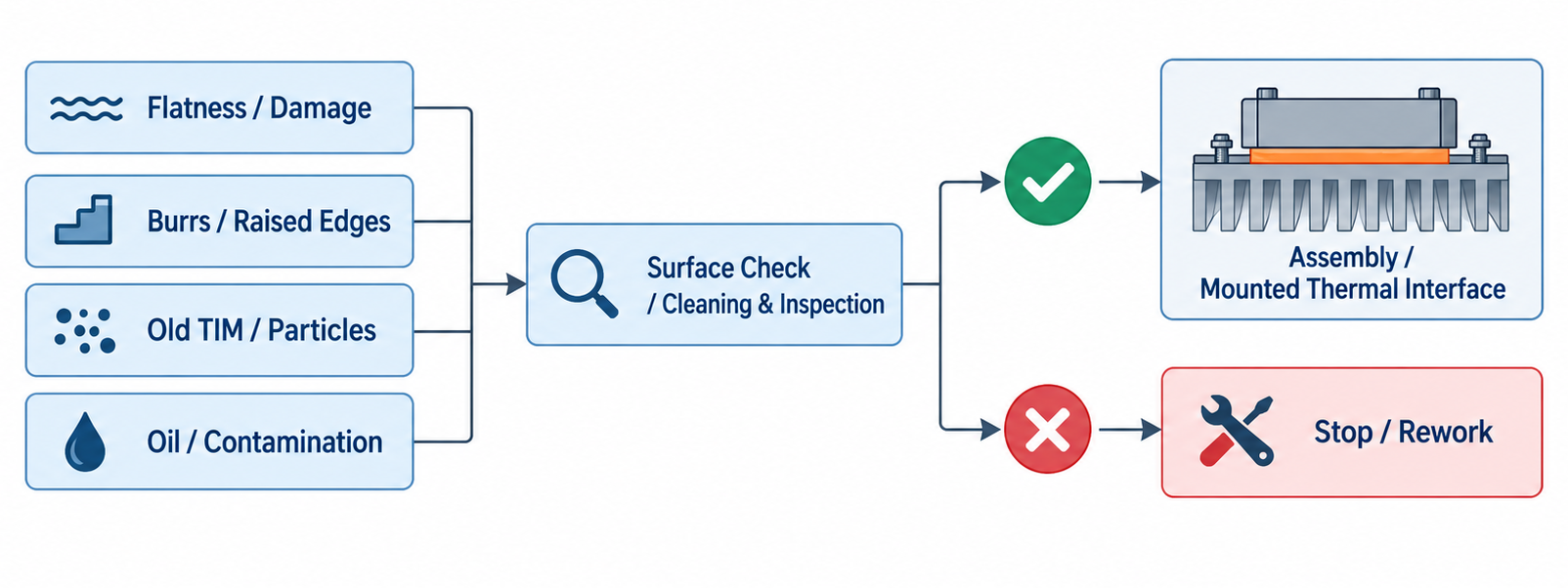 Surface condition and inspection before assembling an RF PA thermal interface