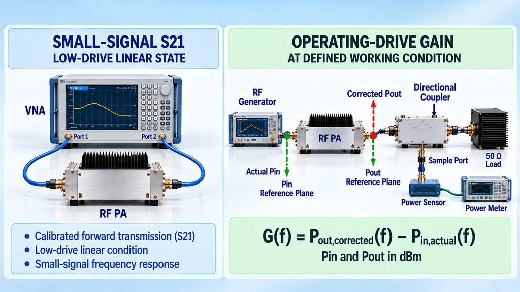 Small-signal S21 versus operating-drive gain measurement with Pin and Pout reference planes